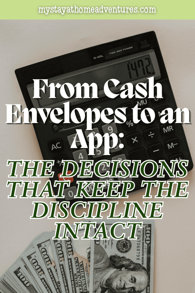 A calculator and dollar bills illustrate the shift from handling cash to tracking spending with a budgeting app.