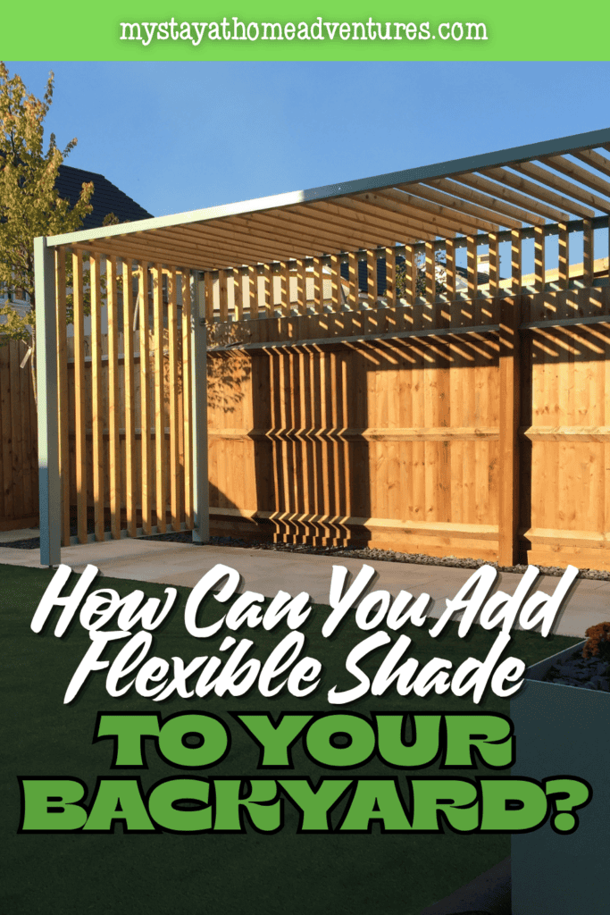 An open pergola casts patterned shade across a paved backyard space.