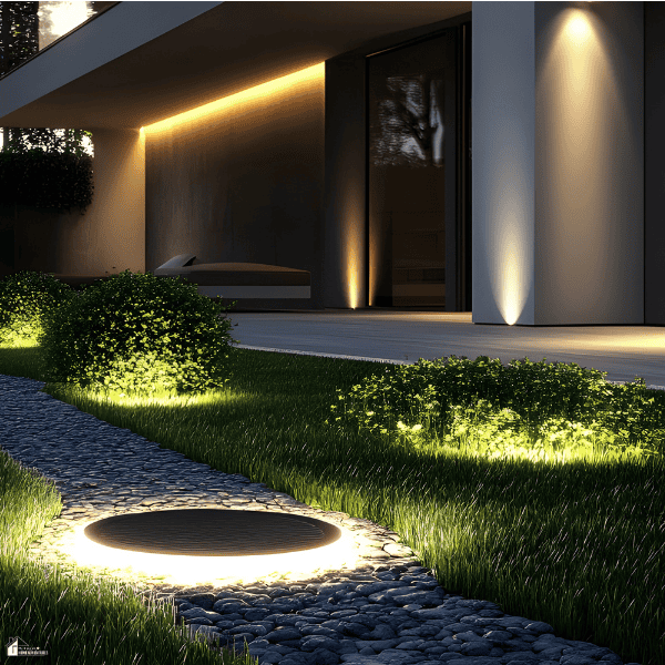 Professionally designed landscape lighting illuminating a garden path, lawn, shrubs, and home exterior as an example of quality lighting installation.