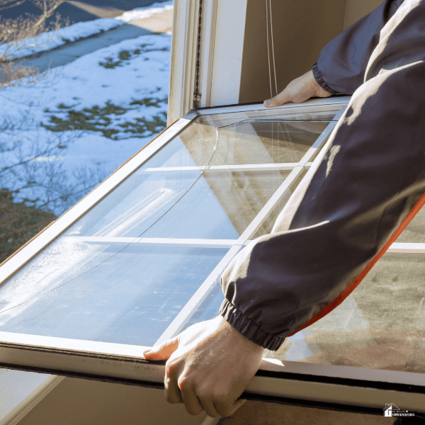 A person holds a large window panel near an opening, showing how a home window can be replaced.