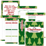 Christmas planner printable preview featuring a holiday checklist, grocery list, baking menu, to-do list, scripture page, binder spine, and festive Christmas planner cover.