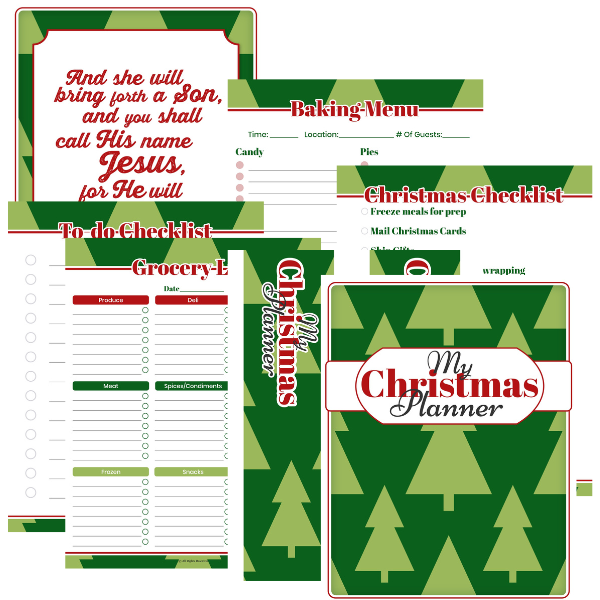 Christmas planner printable preview featuring a holiday checklist, grocery list, baking menu, to-do list, scripture page, binder spine, and festive Christmas planner cover.