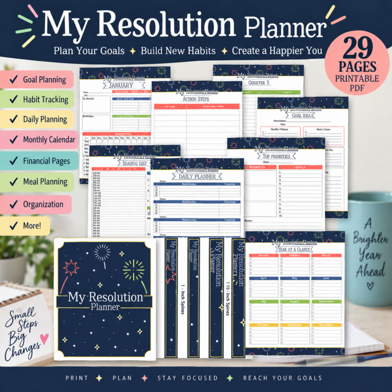 My Resolution Planner printable with 29 pages for goal planning, habit tracking, daily planning, monthly calendars, finances, meal planning, organization, and more.