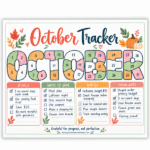 October goal tracker printable filled out with sample goals, savings ideas, notes, monthly highlights, and color-coded daily progress for all 31 days.