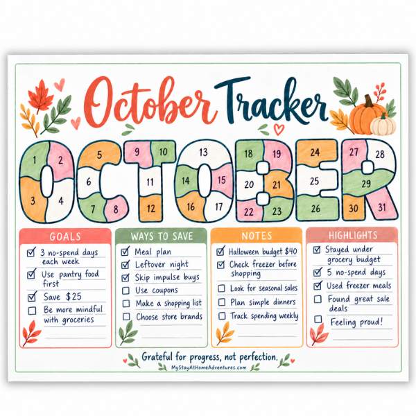 October goal tracker printable filled out with sample goals, savings ideas, notes, monthly highlights, and color-coded daily progress for all 31 days.