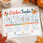 October goal tracker printable filled with sample goals, ways to save, notes, and highlights, styled with cozy fall leaves, pumpkins, coffee, and a pen.