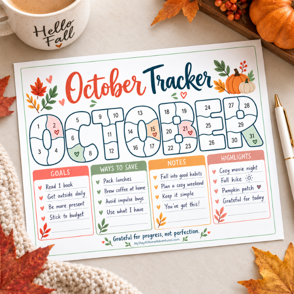 October goal tracker printable filled with sample goals, ways to save, notes, and highlights, styled with cozy fall leaves, pumpkins, coffee, and a pen.
