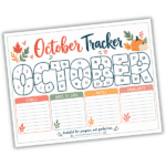 October goal tracker printable with daily numbered spaces, goals, ways to save, notes, and highlights in a fall-themed design.