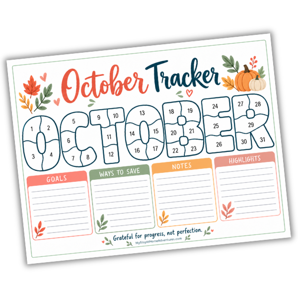 October goal tracker printable with daily numbered spaces, goals, ways to save, notes, and highlights in a fall-themed design.