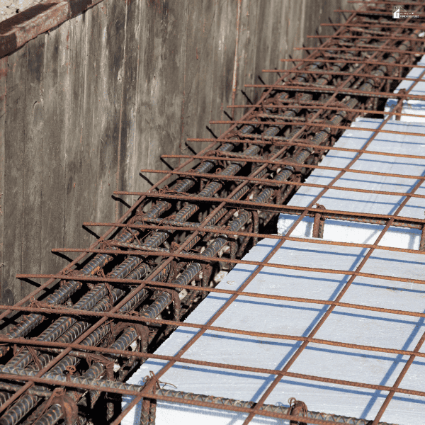 Steel reinforcement crosses white foam blocks and wooden formwork at a concrete construction site.