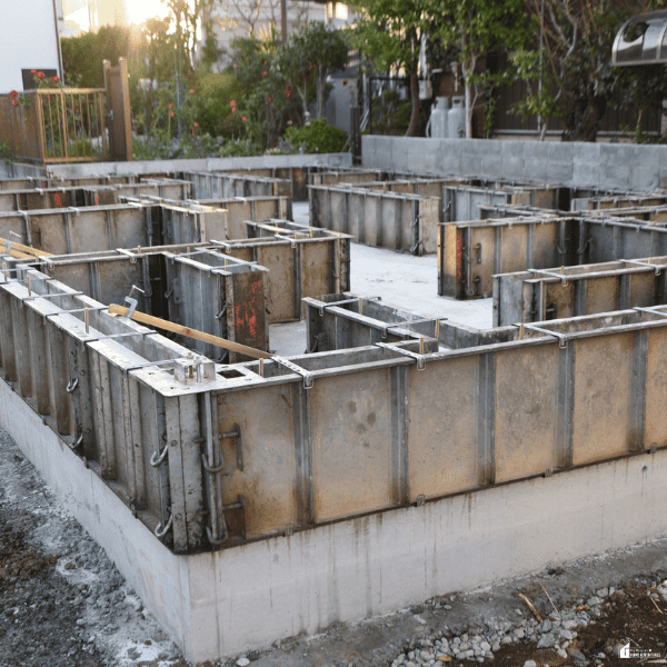 Metal formwork panels outline a foundation on a residential building site.