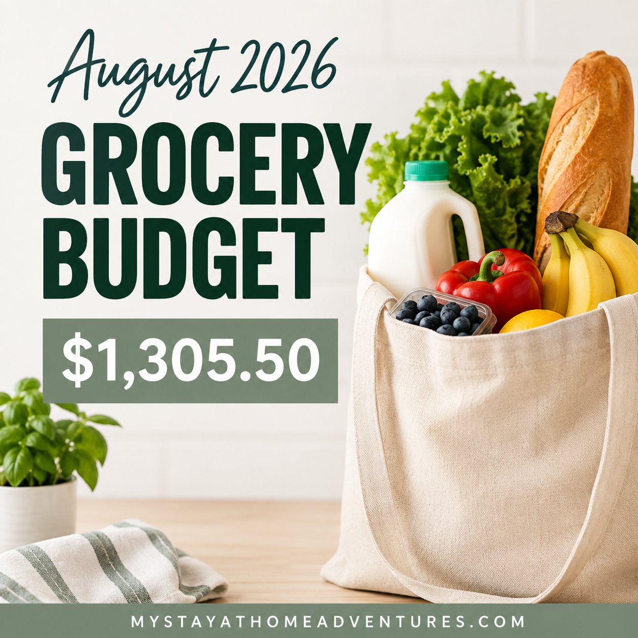 August 2026 grocery budget graphic showing a reusable grocery bag filled with milk, bread, lettuce, bananas, blueberries, and peppers, with total spending of $1,305.50.