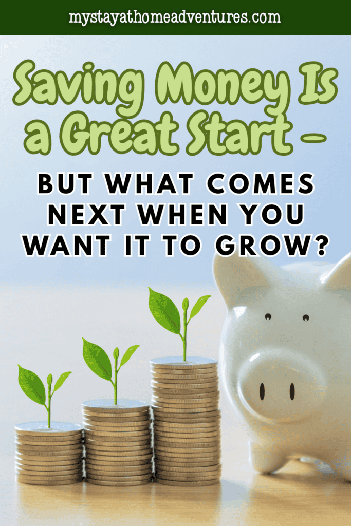 Three growing stacks of coins topped with green plants sit beside a white piggy bank, symbolizing steady financial growth.