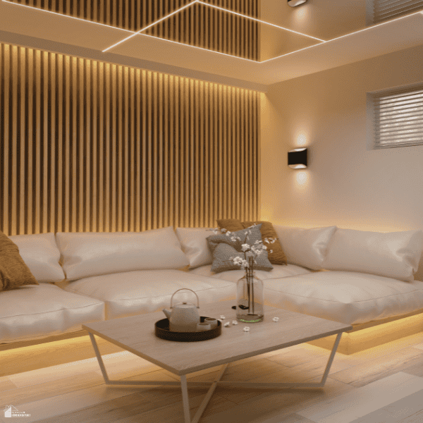 Cozy living room with warm lighting, a wood accent wall, comfortable seating, and simple home improvements that create an inviting space.