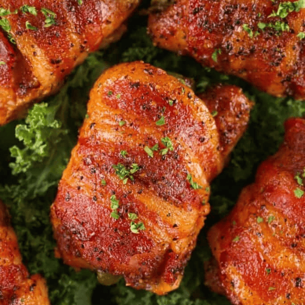 Smoked Stuffed Bacon Wrapped Chicken Thighs: Browned bacon-wrapped chicken thighs are arranged over leafy greens and sprinkled with chopped herbs.