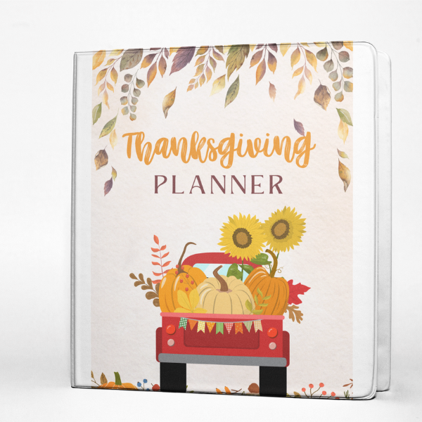 Thanksgiving Planner printable cover featuring fall leaves, pumpkins, sunflowers, and a red truck on a binder-style mockup.