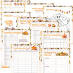 Thanksgiving Planner printable preview featuring daily and monthly planning pages, cooking schedule, Thanksgiving timeline, portion guide, stickers, gratitude prompts, coloring pages, and notes.