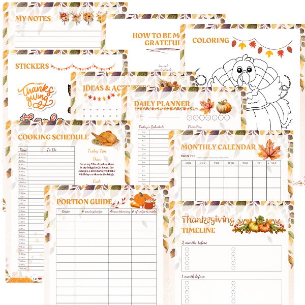 Thanksgiving Planner printable preview featuring daily and monthly planning pages, cooking schedule, Thanksgiving timeline, portion guide, stickers, gratitude prompts, coloring pages, and notes.