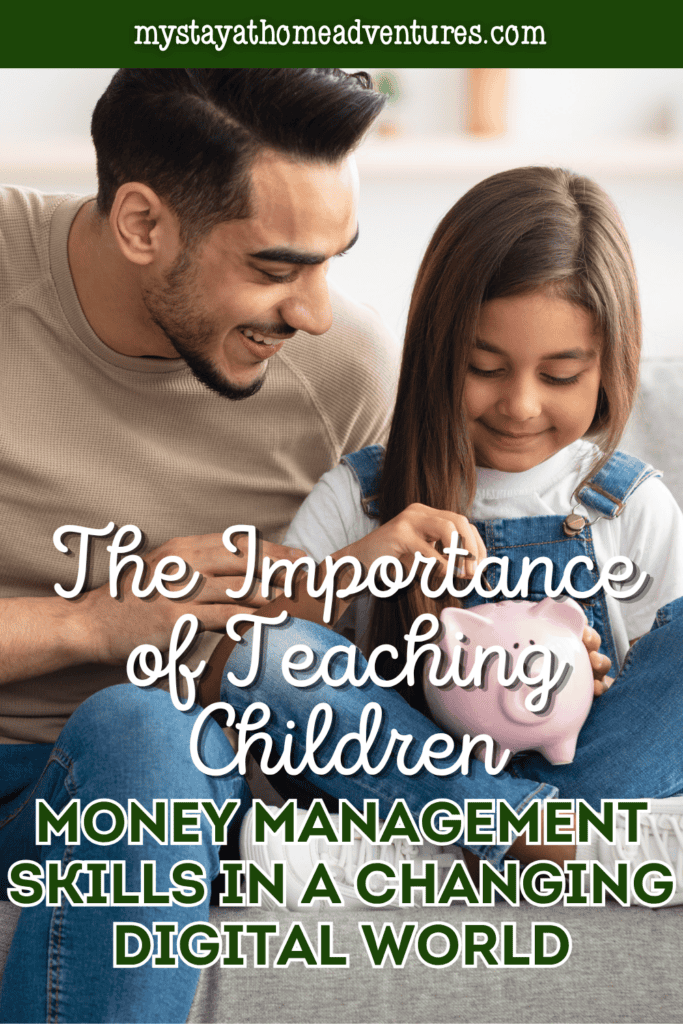 A father helps his daughter add a coin to a piggy bank, showing children learning money management at home.
