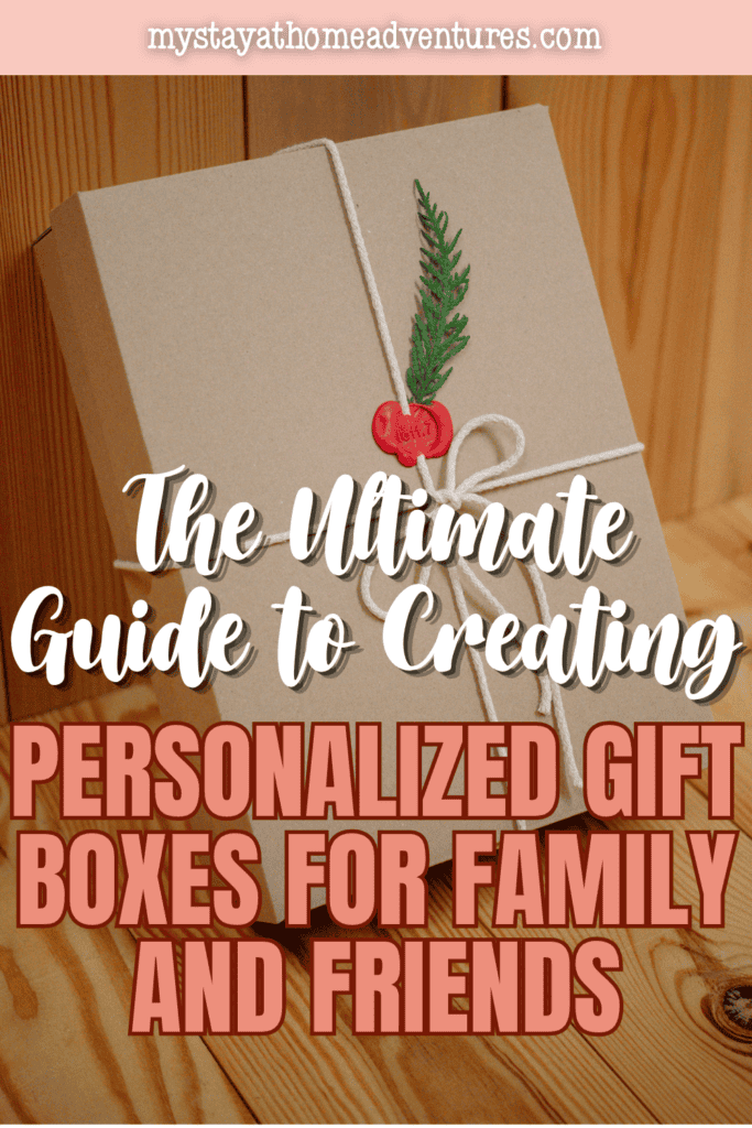 Personalized gift box wrapped with string and decorated with greenery and a wax seal for a thoughtful handmade gift for family or friends.