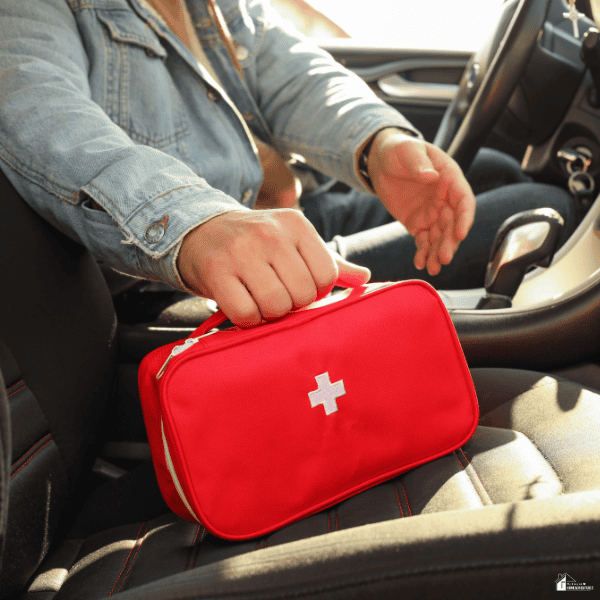 Family travel health kit in a car, packed and ready to provide quick access to first aid essentials during road trips and family vacations.