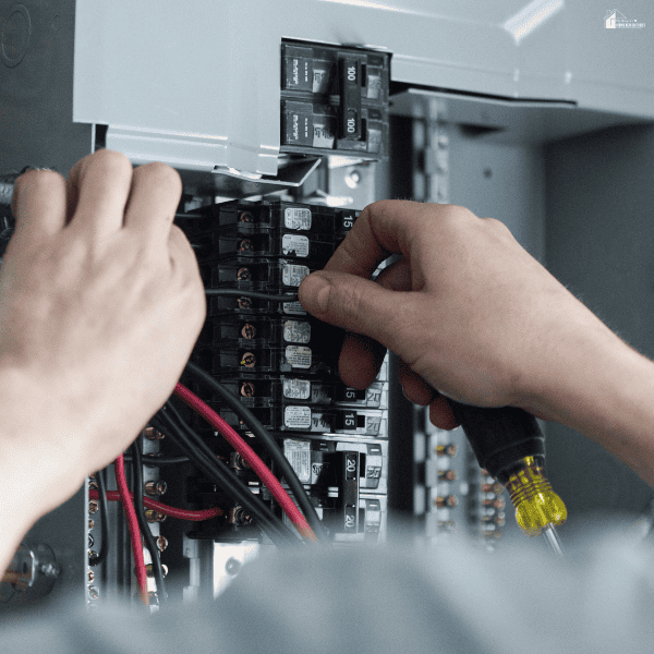Hands inspect breakers inside an open panel, illustrating equipment an electrician may assess for an electrical upgrade.