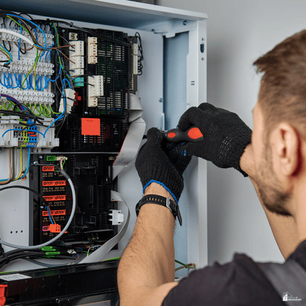 A technician works on wiring inside an open cabinet as part of an electrical upgrade.
