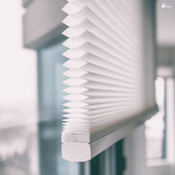 A white pleated shade offers a close view of window furnishings that filter daylight.