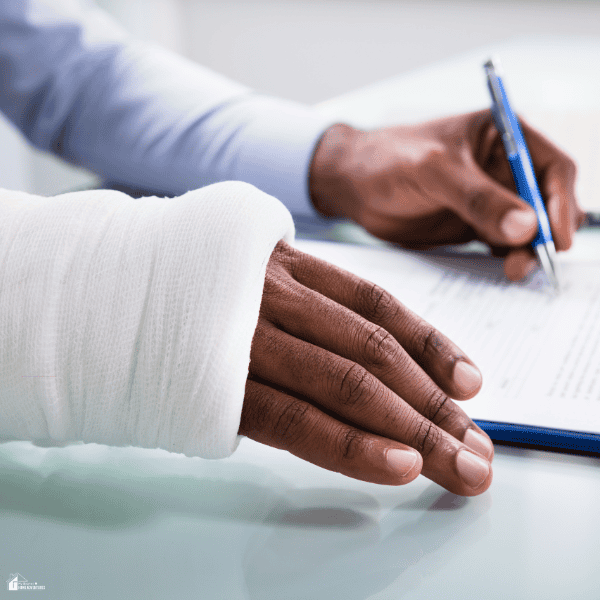 A person with a bandaged hand completes paperwork related to an injury claim.