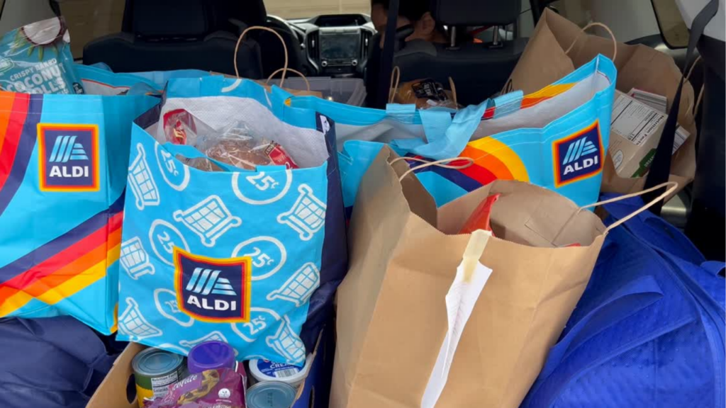 Reusable ALDI grocery bags and paper bags packed in a car after a shopping trip while tracking grocery spending.