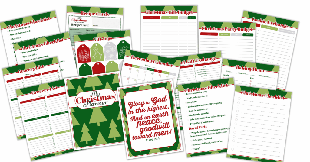 Christmas planner printable preview featuring Christmas checklists, gift tags, recipe cards, gift and party budgets, grocery lists, baking menu, December calendar, Secret Gift Exchange, scripture page, and festive planner cover.