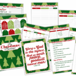 Christmas planner printable preview featuring Christmas checklists, gift tags, recipe cards, gift and party budgets, grocery lists, baking menu, December calendar, Secret Gift Exchange, scripture page, and festive planner cover.