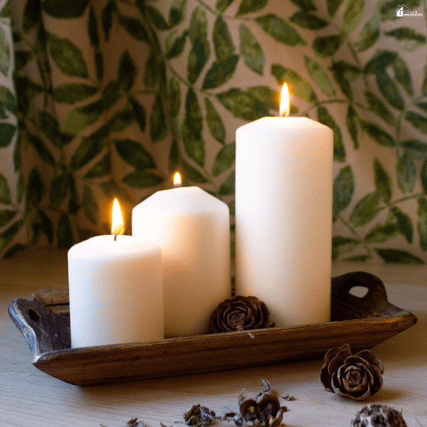 Three lit white pillar candles of varying heights sit on a rustic wooden tray with pinecones against a leafy backdrop.