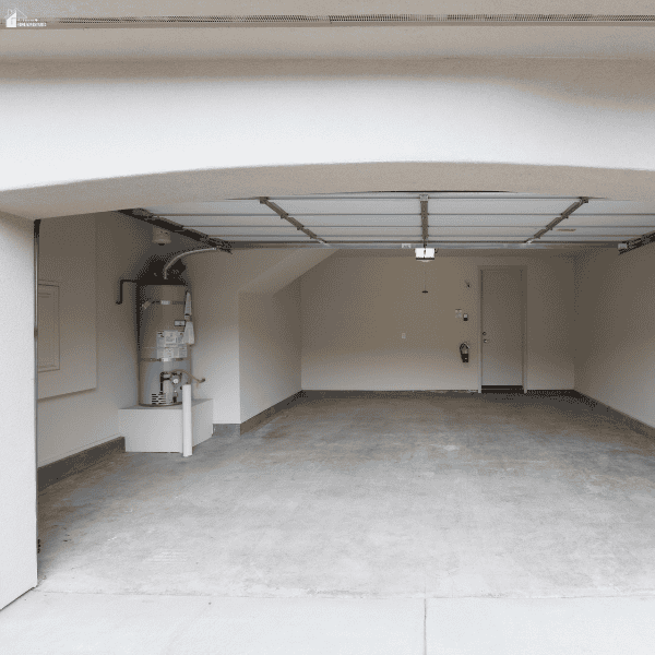 An empty garage has a concrete floor, raised sectional door, water heater, and rear doorway.