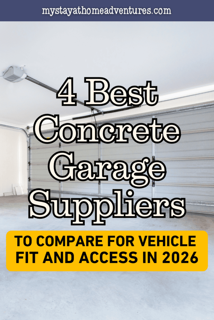 An empty parking space has a smooth grey floor, wide metal sectional door, and ceiling-mounted opener.