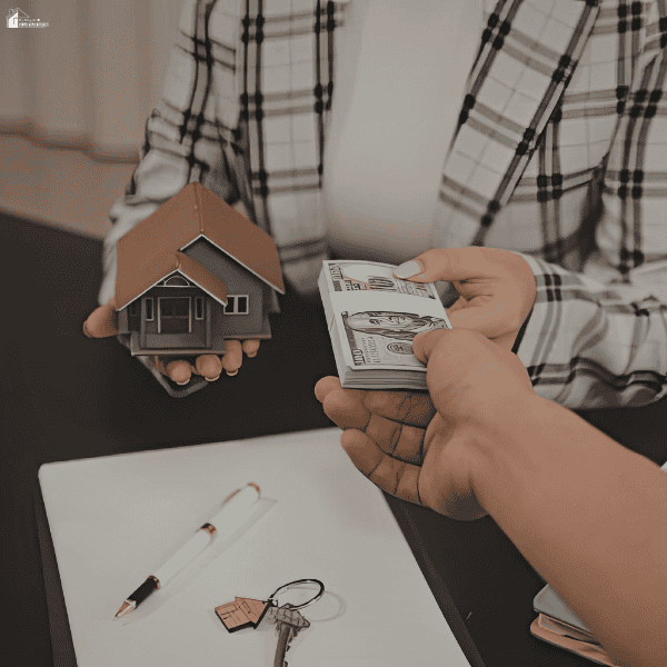 Two people exchanging money beside a model house, keys, and paperwork, illustrating a transaction with cash home buyers.