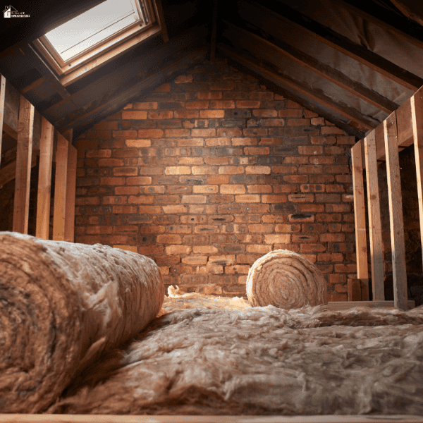 Loft insulation rolls cover an unfinished attic floor beneath exposed wooden rafters, a skylight, and a brick wall.