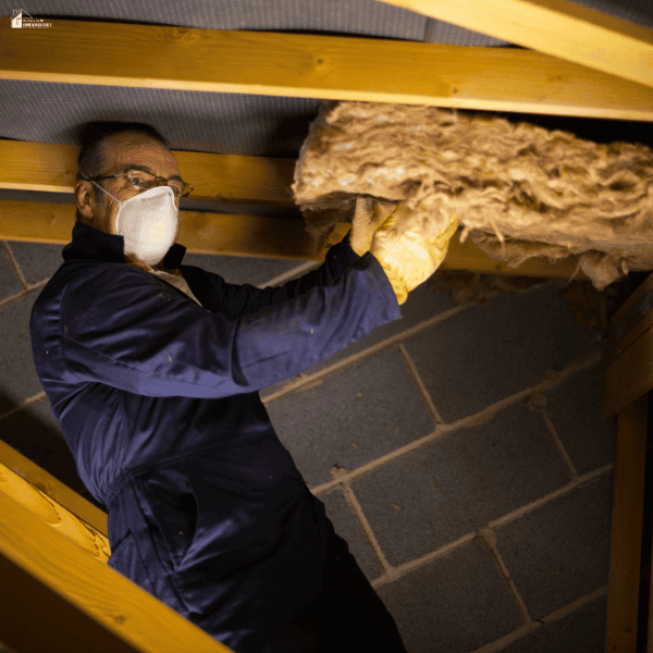 A worker wearing gloves and a protective mask installs loft insulation beneath wooden roof beams.