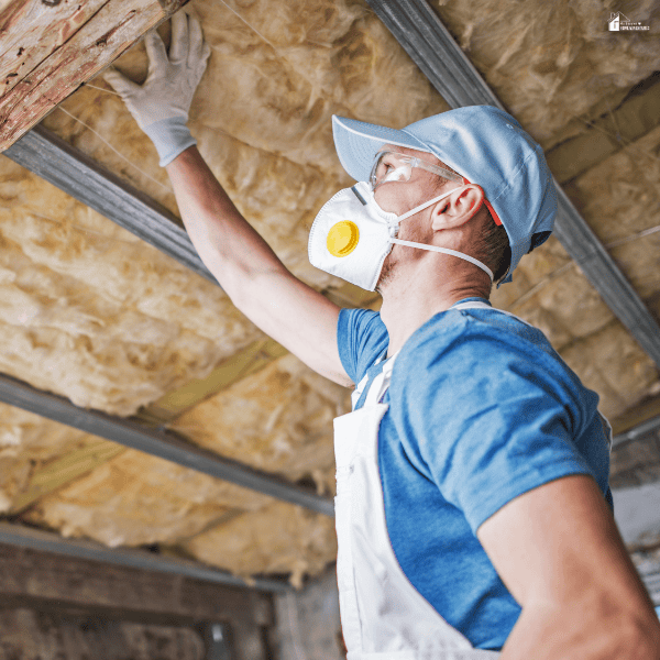 A worker wearing goggles, a respirator, and gloves adjusts loft insulation between overhead framing.