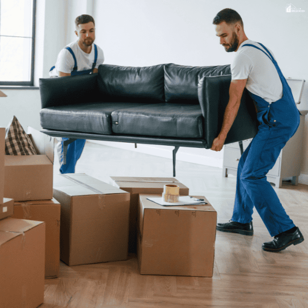 Moving company workers carry a black leather sofa through a room surrounded by packed boxes.