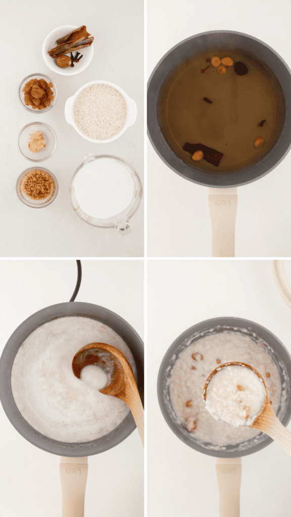 Four photos show coconut rice pudding ingredients, whole spices steeping in a saucepan, rice cooking in coconut milk, and thick pudding with raisins on a wooden spoon.