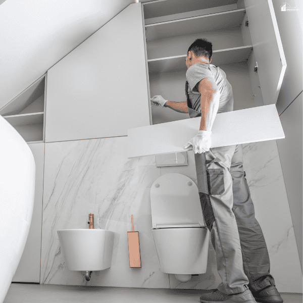 A worker installs white cabinetry above a wall-mounted toilet during bathroom remodeling beneath a sloped ceiling.