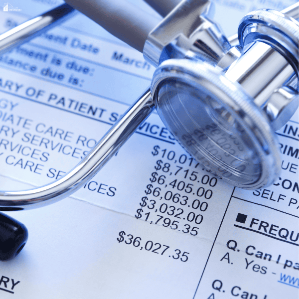 A stethoscope rests on an itemized medical invoice, illustrating healthcare expenses relevant to comprehensive overseas visitors insurance.