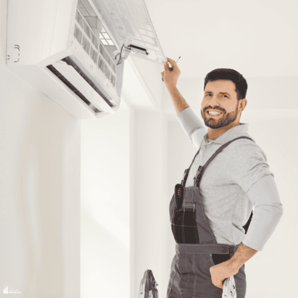 A technician performs home cooling maintenance on a wall-mounted air conditioner with its cover raised and filters exposed.