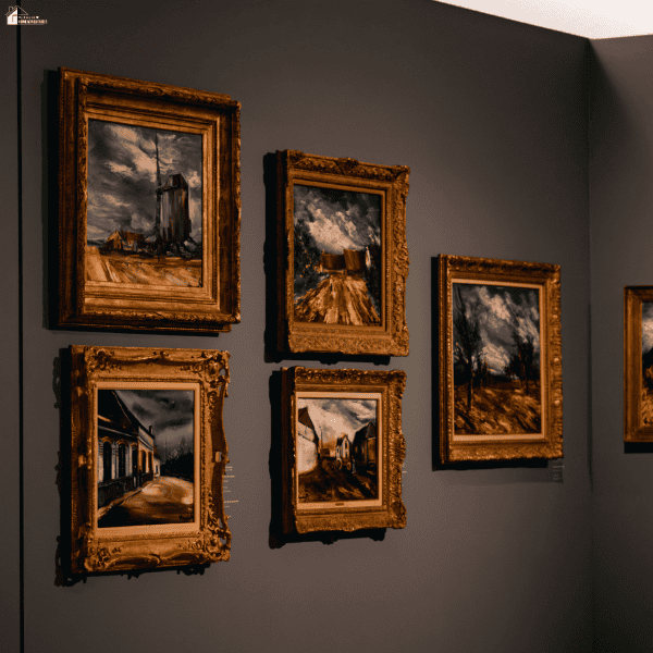 Vintage-inspired home decor features landscape paintings in ornate gold frames arranged on a dark gray wall.
