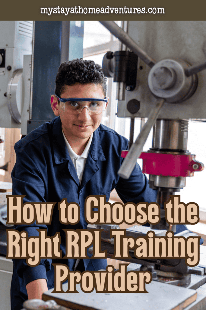 A young man wearing safety goggles stands beside a drill press, illustrating trade skills an RPL training provider may assess.