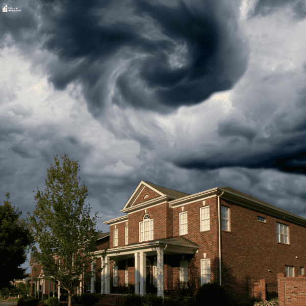Dark storm clouds loom above a brick house, highlighting the importance of a hurricane season family safety plan.
