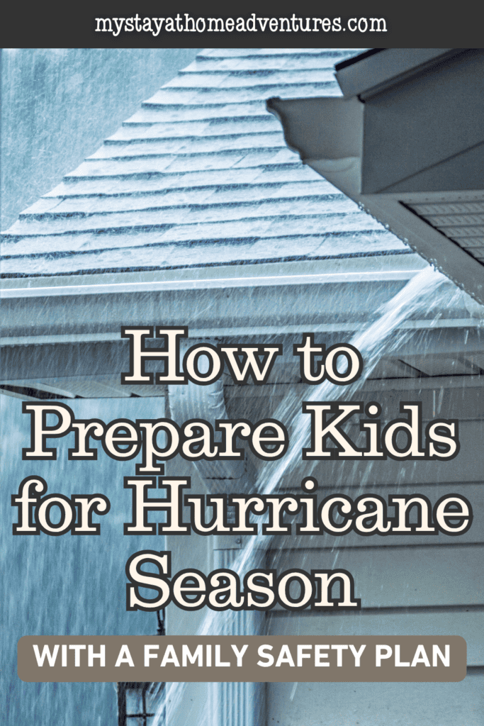Heavy rain pours over a roof and spills from a gutter, highlighting drainage concerns to address in a hurricane season family safety plan.