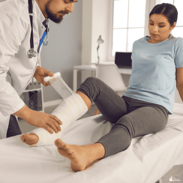 A doctor bandages a woman’s lower leg, highlighting injury treatment and managing unexpected medical expenses.