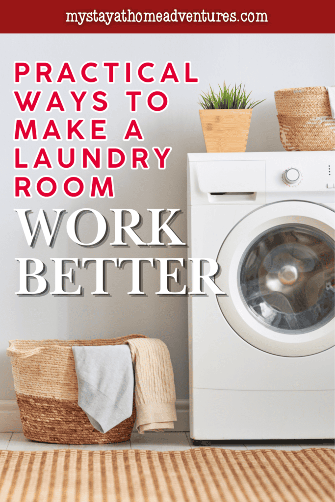 A laundry room contains a white front-loading washing machine, woven storage baskets, clothing, and potted greenery.